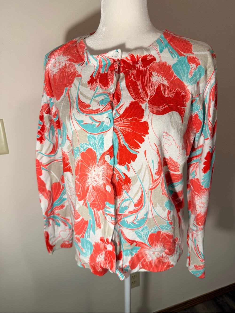 Northcrest Red Floral Cardigan with Aqua Accents